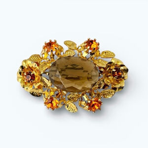 Vintage Austrian Rhinestone Brooch Gold Tone Floral Topaz Glass Pin 1950s